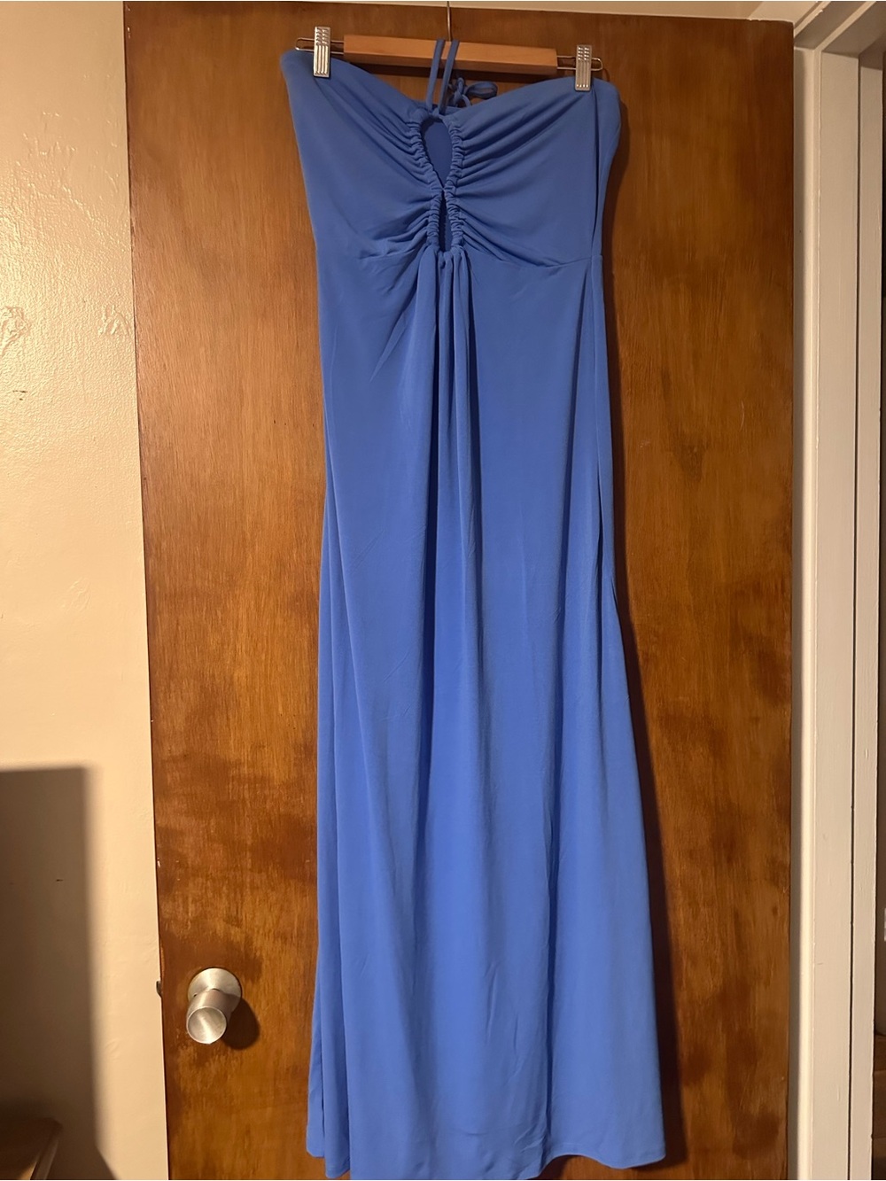 Blue Strapless Maxi Dress with Front Twist Detail